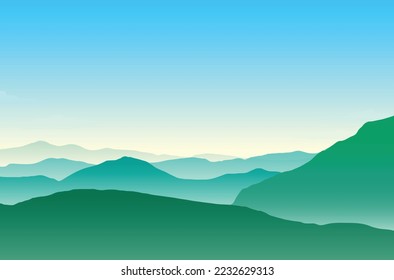 Minimal mountain illustration of beautiful bright blue landscape with the sun when sunrise and sunset on fresh green mountain. Fairy tale background