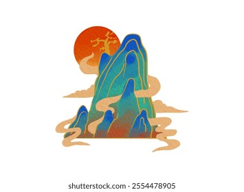 Minimal mountain landscape, Chinese zen watercolor background, vector oriental temple, fog hills. Relax Japan ink environment view