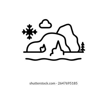 Minimal mountain landscape icon with snow, clouds and nature scenery in line art style  perfect for outdoor, travel, nature, adventure, winter and hiking themes