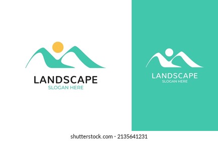 Minimal mountain landscape logo design. Simple adventure vector with a sun icon. Explore the mountains