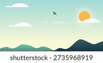 Minimal mountain landscape with rising sun and flying bird. Modern flat illustration in soft pastel tones, symbolizing freedom, optimism and calm.

