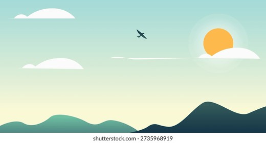 Minimal mountain landscape with rising sun and flying bird. Modern flat illustration in soft pastel tones, symbolizing freedom, optimism and calm.

