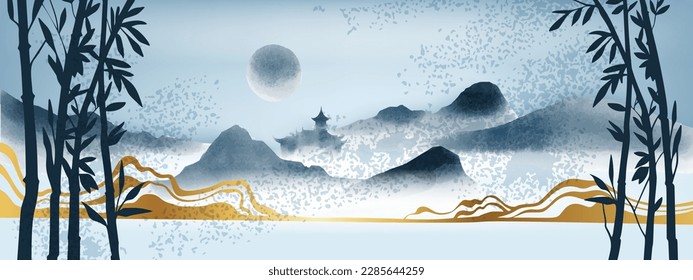 Minimal mountain landscape, vector Chinese zen watercolor background, oriental temple, fog hills. Relax Japan ink environment view, horizontal silhouette wallpaper. Chinese landscape Asia nature