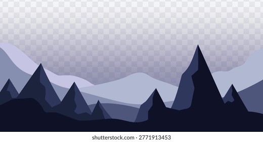 Minimal mountain landscape vector with layered peaks in dark tones, clean scenic background isolated on transparent, perfect for travel designs, nature themes, and outdoor graphics.