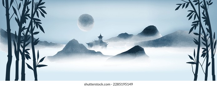 Minimale Berglandschaft, Aquarell, chinesischer Zen-Hintergrund, orientalischer Tempel, Nebelhügel. Entspannen Sie die japanische Farbumgebung, die horizontale Silhouette-Tapete. Chinesische Landschaft - Asien