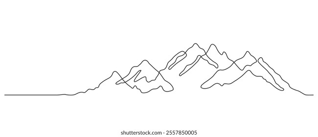 Minimal mountain line art. Continuous line drawing. One line mountain range landscape background. Rocky peaks in simple linear style. Black and white minimalist mountain illustration.