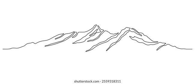 Minimal mountain line art. Continuous line drawing. One line mountain range landscape background. Rocky peaks in simple linear style. Black and white minimalist mountain illustration