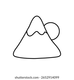 Mínima arte em linha de montanha com sol ou lua. Design vetorial em preto e branco limpo, ideal para logotipos, impressões com temas naturais, viagens ecológicas, caminhadas ou projetos de marca minimalistas