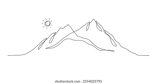 Minimal Mountain in One Continuous Art Line. Trendy scenic mounts, wall art background. Black and white landscape design for fabric, prints, and wall art. Simple line drawing of one line mountain