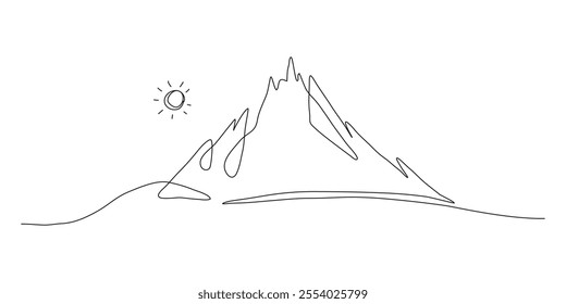 Minimal Mountain in One Continuous Art Line. Scenic mounts, wall art background. Black and white landscape design for fabric, prints, and wall art. Simple line drawing of one line mountain