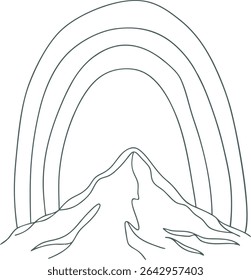 Minimal mountain and rainbow line art drawing showing natural peaks under curved arches. Perfect for  wall tattoo inspiration, adventure posters, or calming travel illustrations.