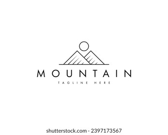 minimal mountain with sun line logo design