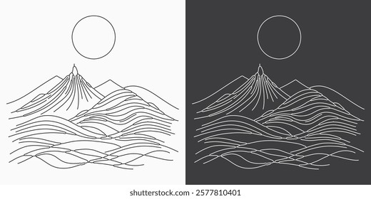 Minimal mountain wave artwork. Abstract vector designs with a contemporary touch, featuring scenic mountain landscapes in line art style