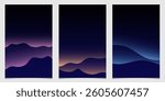Minimal mountains in dark sky background. Night mountains with light rays with different color lights. Design elements for poster, magazine, book cover, banner, invitation, brochure. 