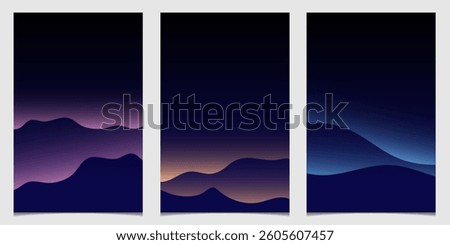 Minimal mountains in dark sky background. Night mountains with light rays with different color lights. Design elements for poster, magazine, book cover, banner, invitation, brochure. 