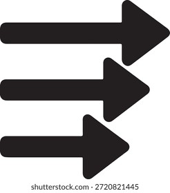 Icono de flecha derecha múltiple mínimo que representa el flujo de trabajo, el flujo de proceso, la dirección, los pasos y la navegación. Vector de glifo negro sólido adecuado para interfaz de usuario, tableros y diagramas de negocios.