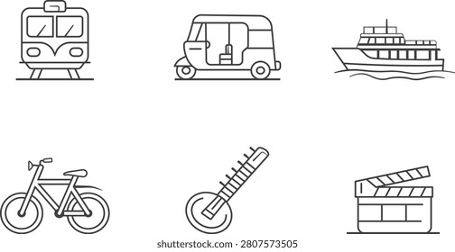 Minimal Mumbai transportation icon set featuring local transit, ferry, bicycle, musical instrument, and entertainment symbols. Designed for tourism guides, travel applications, transportation services, city branding, editorial graphics, infographics, and commercial interface design.