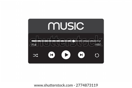 Minimal music player interface featuring a sound waveform, playback controls, progress bar and timeline with a simple music title text element. Designed in a modern and clean style, this layout is ideal for music apps, streaming platforms, audio tools, dashboards and digital media interfaces. Suitable for designers and developers looking for a professional audio player UI with text header.