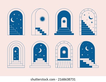 Minimal mystic doors stairs. Boho linear logo signs, magic frames, arch, window, abstract geometric art. Vector esoteric set