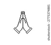 Minimal namaste line art pixel icon with spiritual retro aesthetic, clean vector symbol for wellness, meditation, yoga, mindfulness, digital branding, and creative interface projects.