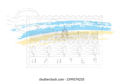 Minimal Nantes skyline stamp linear vector illustration and typography design, France 