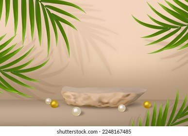 Minimal natural background for cosmetic products. Stone podium and green leaf palm on beige color. 3d vector illustration. 