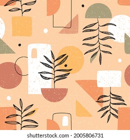 Minimal and natural Botanical vector seamless pattern. Earth tone boho foliage line art drawing with abstract shape. Abstract Plant Art for print, textile, wallpaper