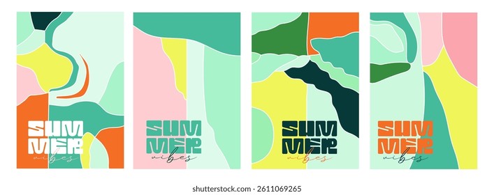Minimal natural concept of summer bright covers, cards or posters in vintage style for corporate identity, branding, social media ads, promo. Vector design template set in trendy geometric style.