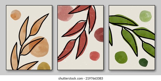 Muros de arte minimalista y natural. Conjunto botánico de arte vectorial. Diseño artístico para la cubierta, papel pintado. Plantas abstractas con formas acuarelas.