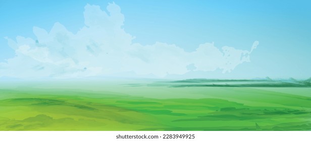 Minimal nature banner, fields and sky. Green grass, blue sky. Watercolor textured vector illustration. 