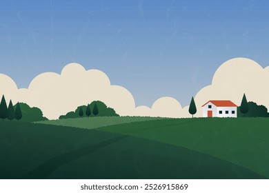 Minimal nature landscape. Geometric contemporary postcard with field, hills and red house, retro countryside horizontal poster, cover, banner, card design. Vector modern illustration.