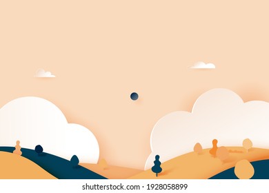 Minimal nature landscape scenery banner background paper art style.Vector illustration.