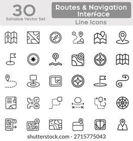 Iconos mínimos de navegación y ruta establecidos para Web y App UI, con 30 iconos de línea limpios y modernos relacionados con las direcciones, el flujo de viaje y la guía de movimiento. Incluye símbolos como línea de ruta, flecha direccional, punto de inicio, punto final, punto de ruta, gire a la izquierda, gire a la derecha, dirección recta, guía de mapas, línea de progreso, marcador de destino, indicador de distancia, objetivo de navegación, planificación de viajes, seguimiento de movimientos, guía paso a paso, ruta de línea de tiempo, señal de desvío, camino alternativo, dirección de carretera, progreso de viaje, indicador de curso, flechas de mapa, herramientas de planificación de viajes y símbolos de Orientación. Diseñado con un peso de carrera constante, tapas de línea redondeadas, negro monocromo sobre fondo blanco. Ideal para App de navegación, servicios de entrega, plataformas logísticas, sistemas de transporte, productos de viaje e interfaces digitales que requieren íconos profesionales, escalables y amigables con el Vector.