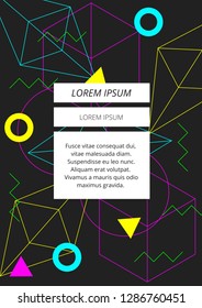 Minimal neon colorful geometric shapes abstract on dark gray background 