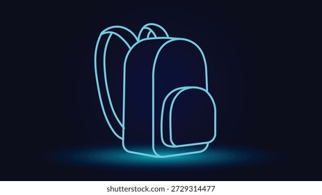 Minimal neon glowing backpack symbol on dark background representing travel school education hiking office bag lifestyle mobility and modern app interface design