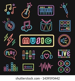 Minimal neon music icon set on dark background.