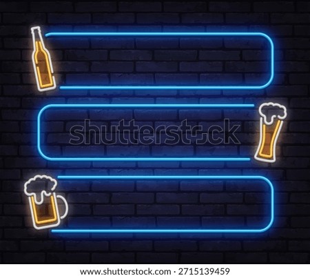 Minimal neon vector frame set with beer bottle, mug icons, and horizontal panels. Created for pub menus, price lists, and modern bar presentations.