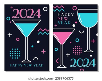 Minimal New Year 2024 design. Design with drink glass. Use this design to make postcards, greeting cards, posters, banner or anything else.