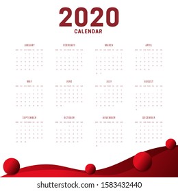 Minimal New Year Calendar 2020 White Red Background