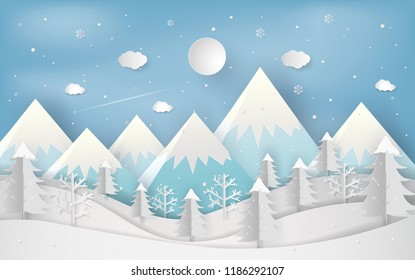 Minimal new year concept of winter season and beautiful christmas day flat lay landscape background. Christmas forest woods with mountains. paper art and digital craft style. Vector illustration.