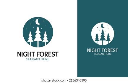 Minimal night forest logo design. Nature wild with the pine tree, moon, and star concept. Explore and adventure