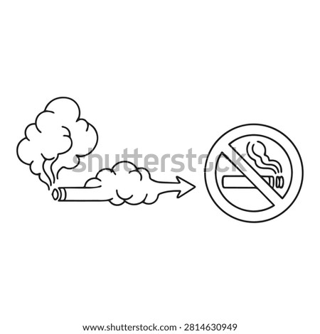 Minimal no smoking sign with cigarette smoke in clean line art style isolated on a white background. Perfect for smoke-free areas, tobacco awareness, public health campaigns, workplace safety, healthcare, and warning sign designs.