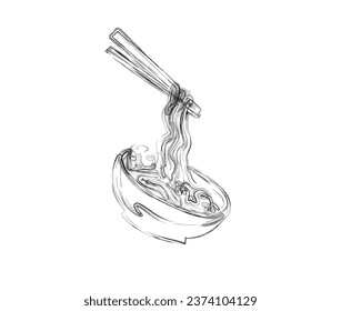 Minimal noodle in the bowl outline illustration. Simple of ramen in stylized ink brush drawing vector design.