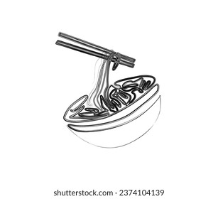 Minimal noodle in the bowl outline illustration. Simple of ramen in stylized ink brush drawing vector design.