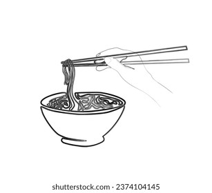 Minimal noodle in the bowl outline illustration. Simple of ramen in stylized ink brush drawing vector design.
