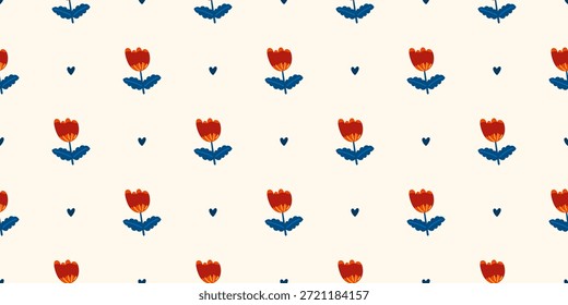 Minimal nordic flower seamless pattern inspired by Swedish folk tradition and soft pastel tones. Suitable for spring fabrics, gift wrapping, and romantic design projects.