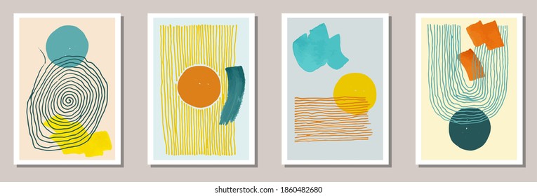 Minimal nordic posters in vintage style. Retro patterns vector collection. Scribble lines and paint stains simple composition. Hand drawn posters, banners, cover page templates.
