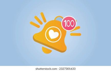 Minimal notification bell icon. One new notification concept. Social media elements on blue background.Vector Design Illustration.