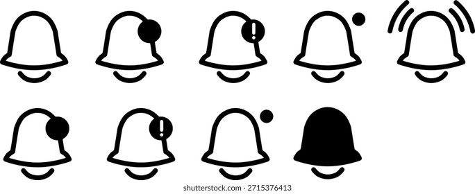 Conjunto de iconos de campana de notificación mínima con estados de alerta, insignia, activo, silenciado y timbre. Limpie los símbolos de la interfaz de usuario de Vector para App, interfaces de Web y sistemas de notificación de usuarios.