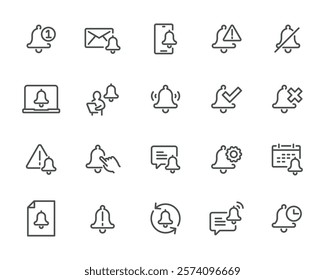 Minimal Notification Icons Bells and Alerts Pack. Includes 20 icons for notifications, warnings, and reminders. Vector based, customizable, and ready for use.